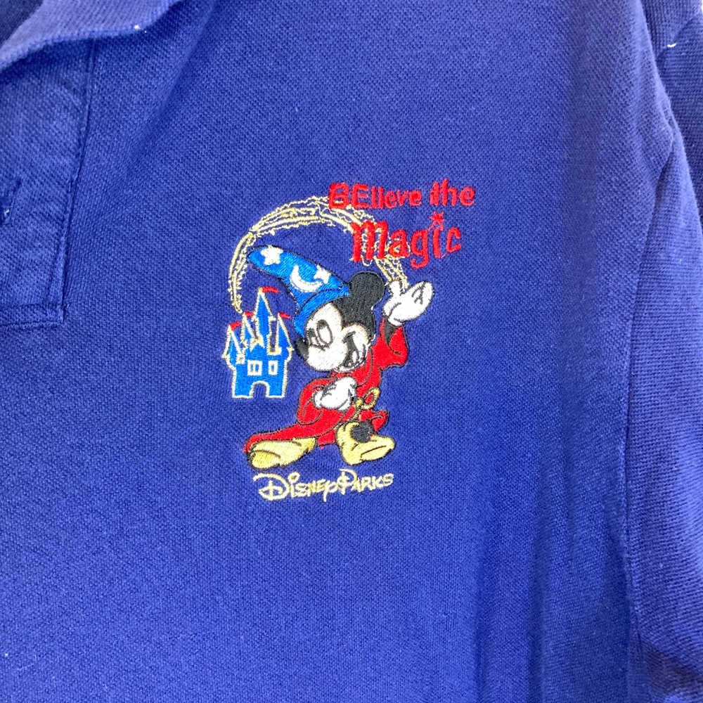 Disney Parks BElieve in the Magic Polo Shirt Sz L CMO Dark Blue Sorcerer Mickey